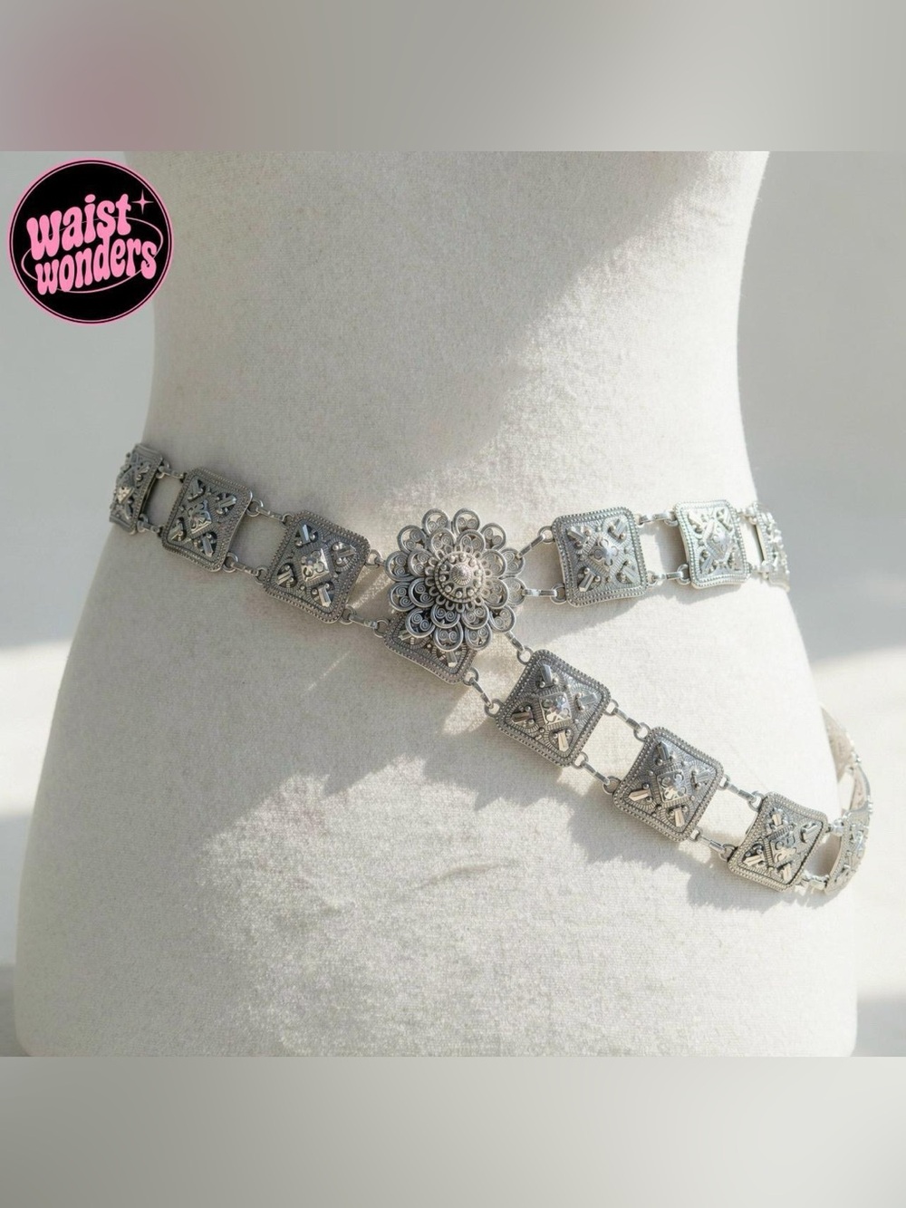 Y2K 2000s style Silver metal belt with floral and geometric designs